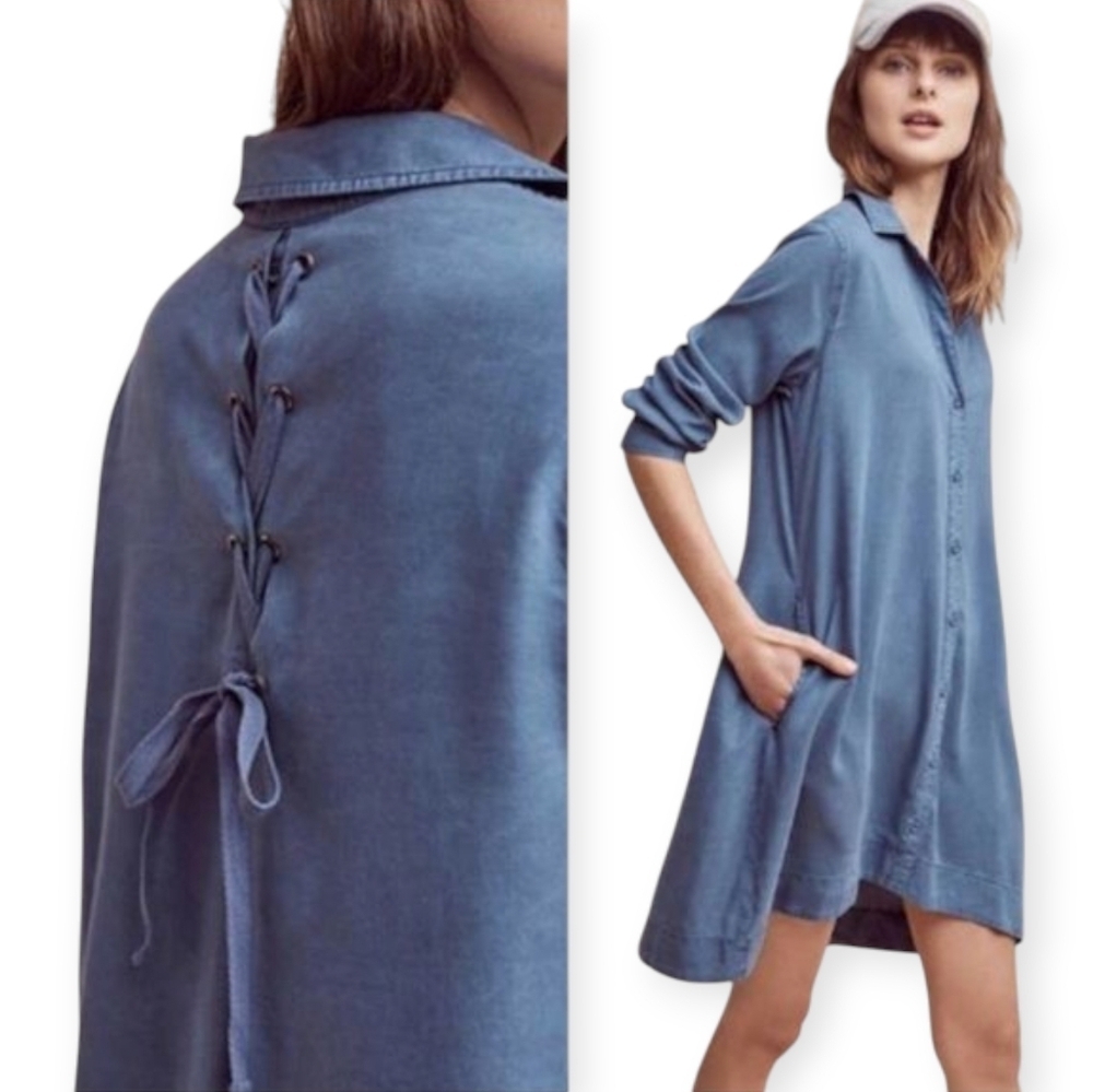 Anthropologie Cloth & Stone Farryn Shirt Dress Lace Up Back Blue Chambray Medium
